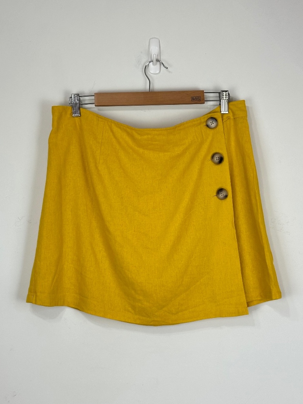 Modcloth Womens Mustard Yellow Faux Wrap Linen Blend Skirt L Colorful Beach